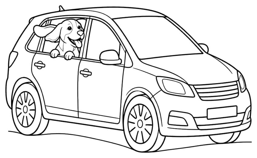 Coloring page of a dog looking out of the window of a car