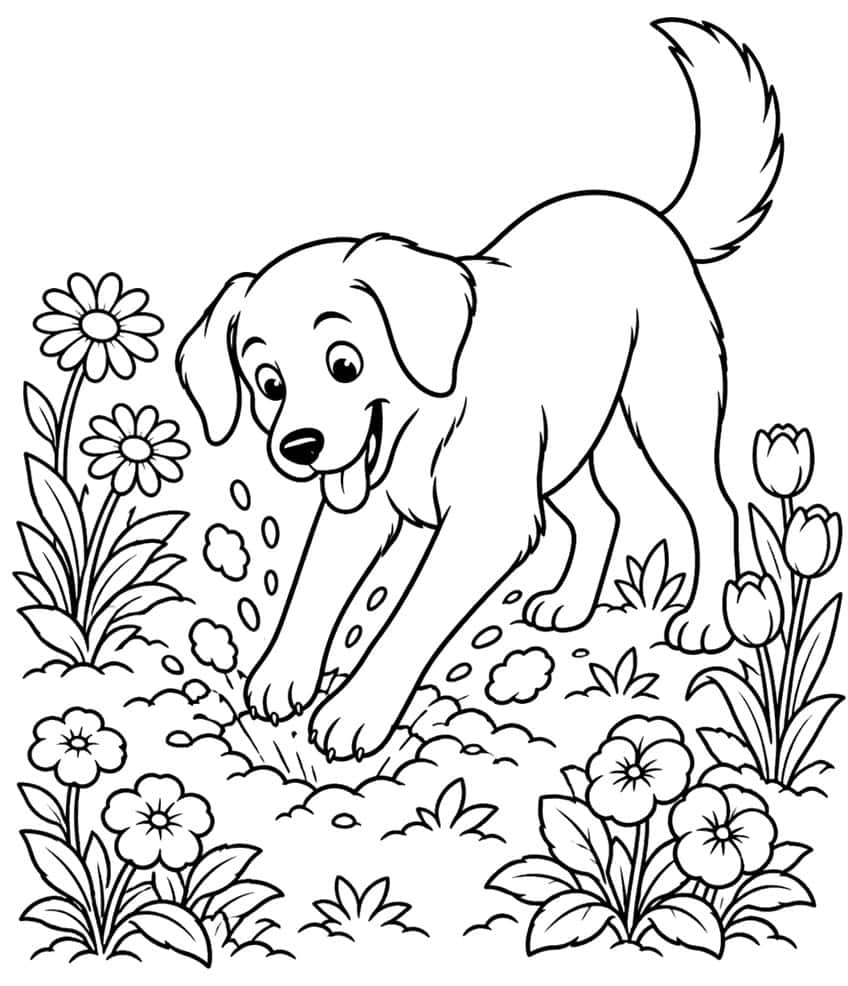 Coloring page of a puppy digging soil in a garden full of flowers