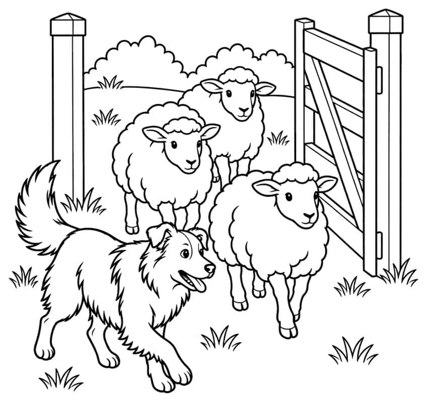 Coloring page with a herding dog driving three sheep through a farm gate
