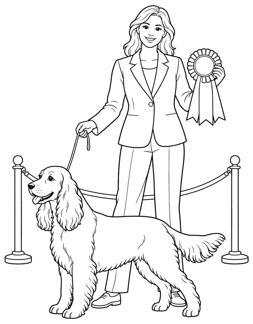 Coloring page: handler with rosette and Cocker Spaniel in a show ring