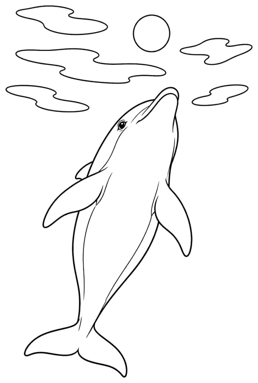 Coloring page of an upright dolphin below a sun and clouds