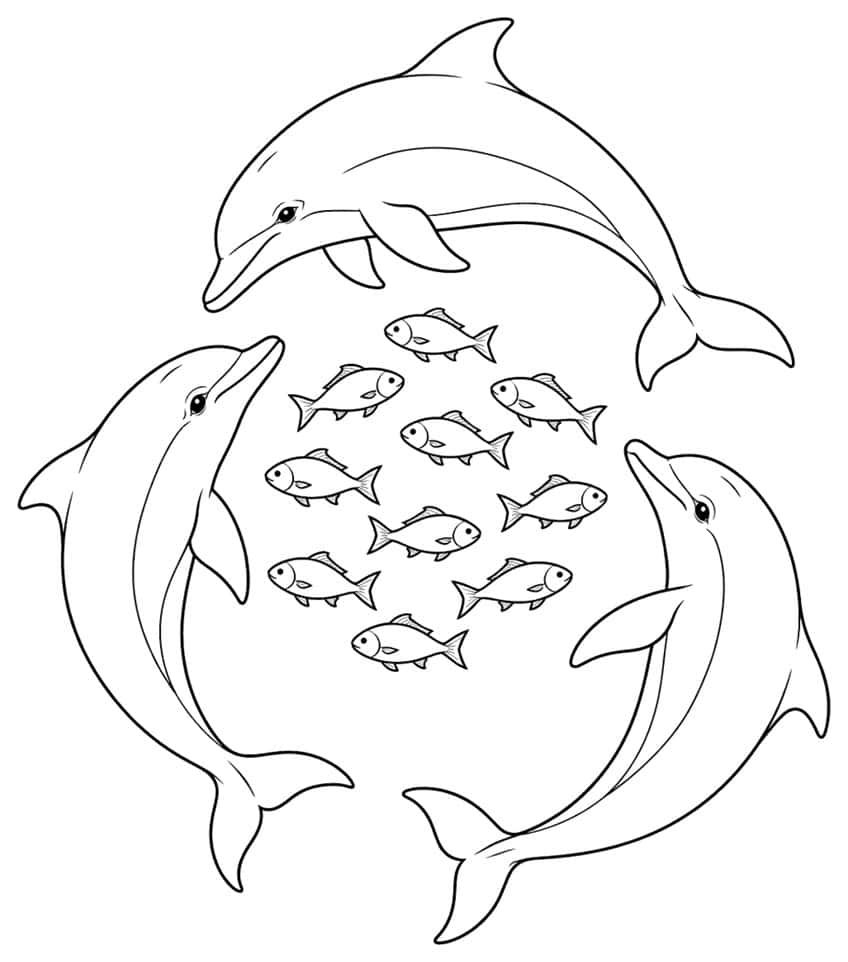 Coloring page with three dolphins circling a school of small fish