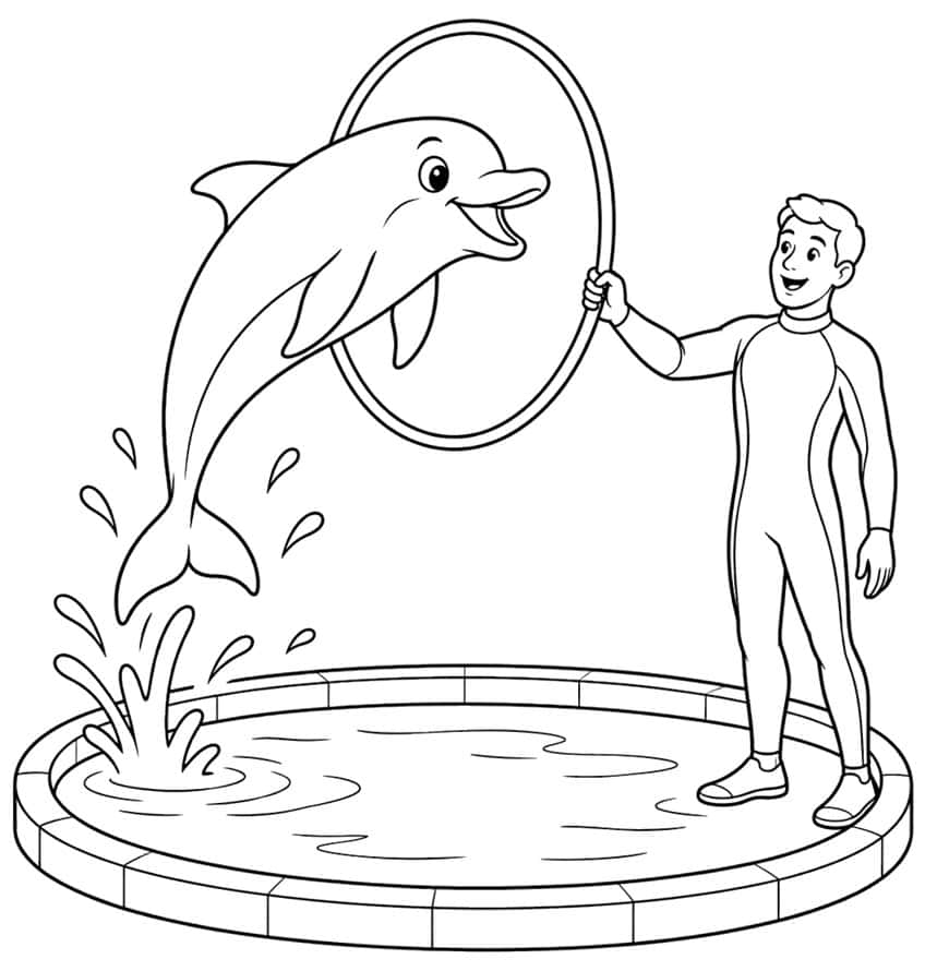 Coloring page of a dolphin jumping through a hoop held by a trainer at a pool