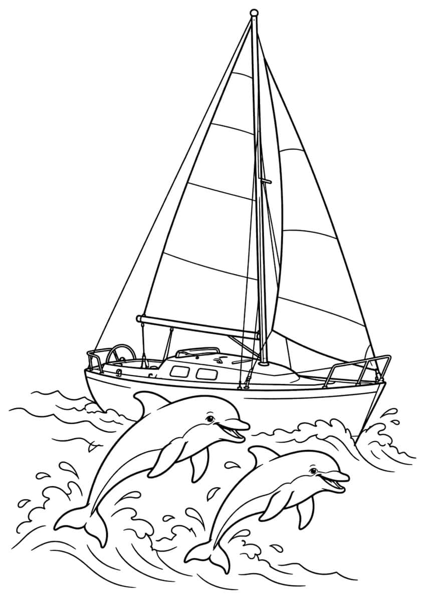 Coloring page with two leaping dolphins next to a sailing boat on waves