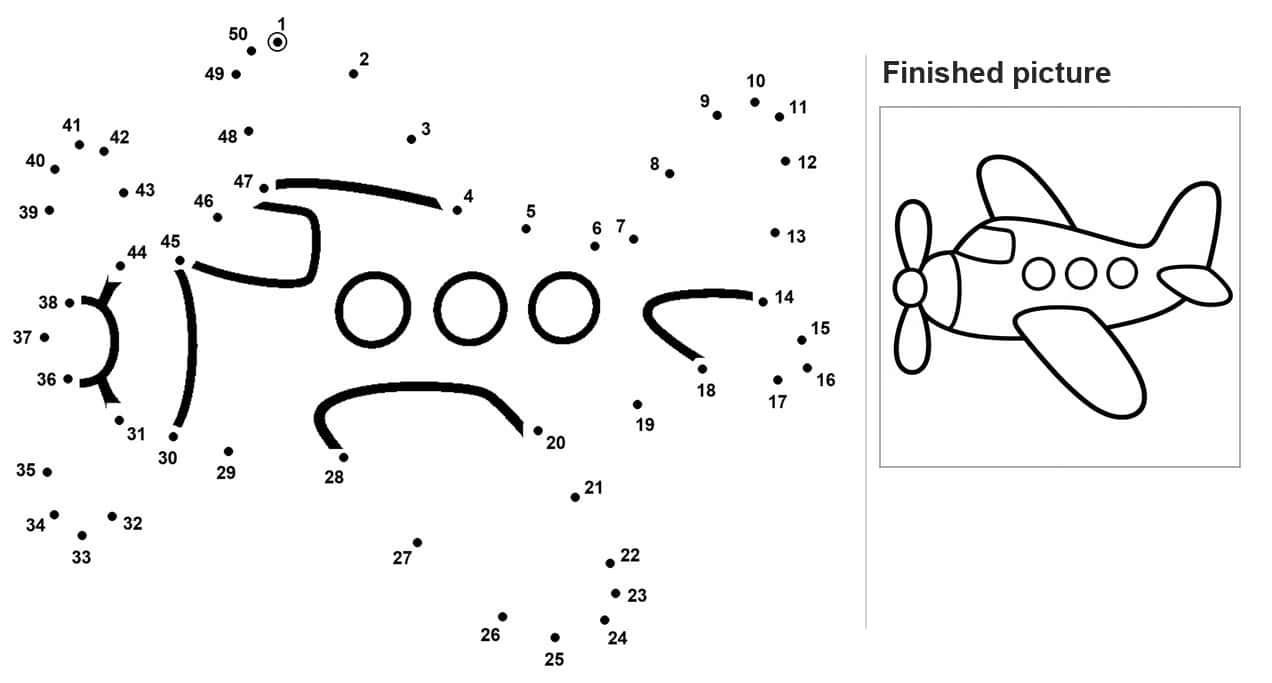 Dot to dot outline of a small airplane with three round windows and a tail fin