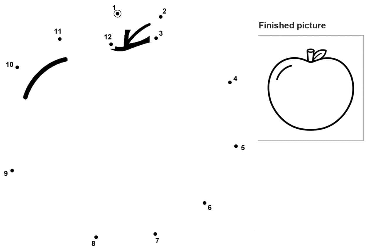 Dot to dot apple with stem, leaf and seed, numbered dots forming the outline