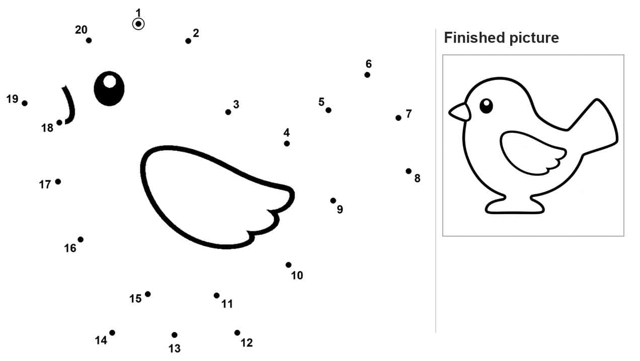 Dot to dot bird with drawn eye, beak line and scalloped wing outline