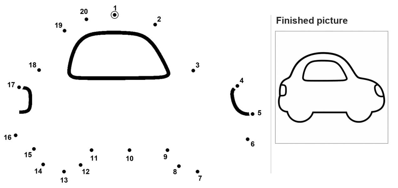 Dot to dot outline of a car roof and two wheel arches