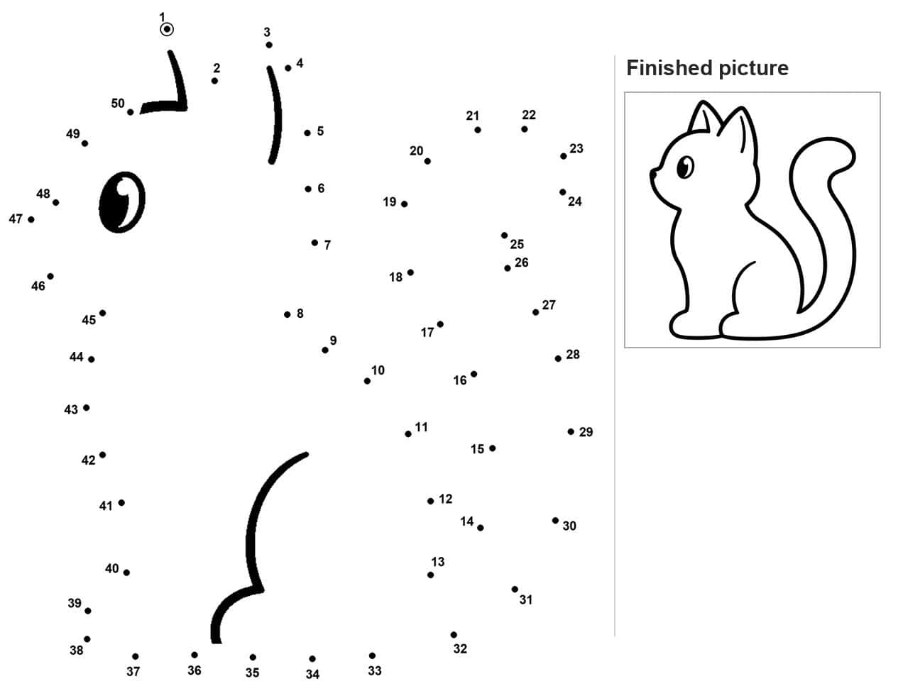 Dot to dot cat with pointed ears, round eye and curved whiskers