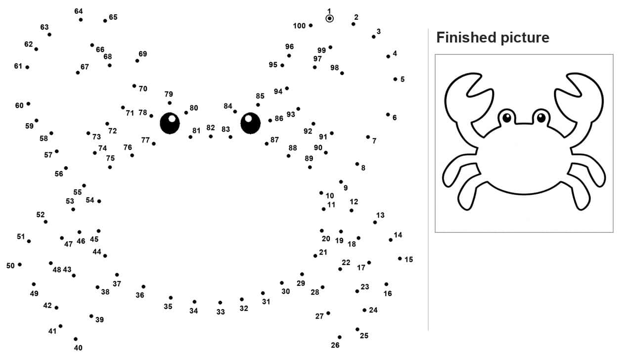 Dot to dot crab with two large stalked eyes and a wide rounded shell outline