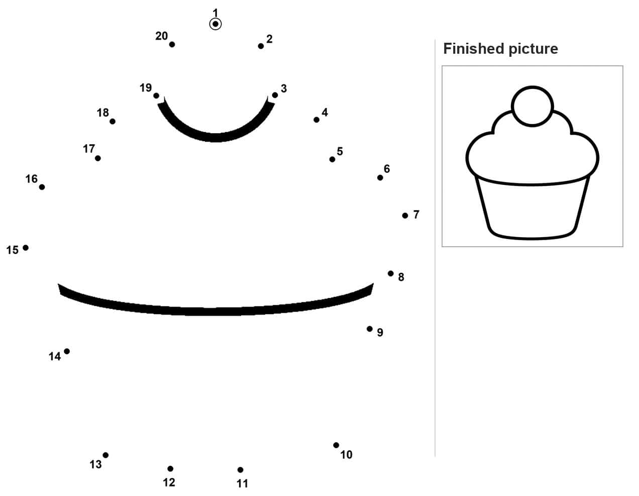 Dot to dot cupcake with swirled frosting and pleated wrapper outline