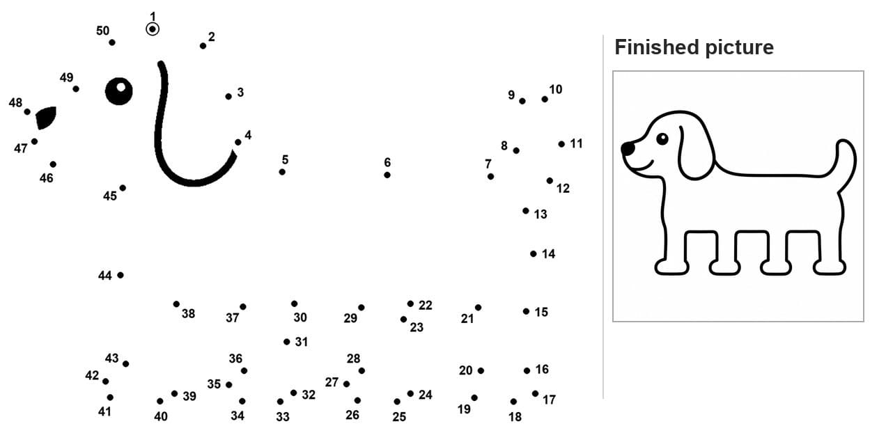 Dot to dot dog head with inked eye and floppy ear