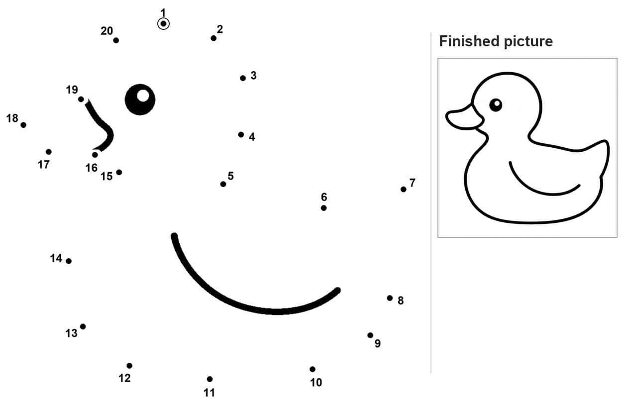 Dot to dot duck outline with round eye and curved wing line already drawn