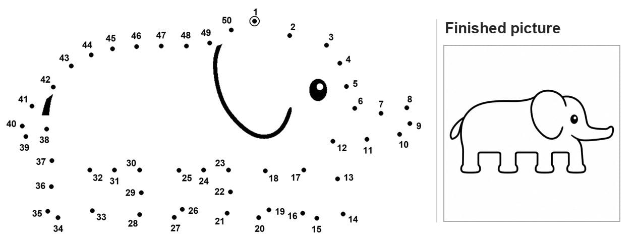Dot to dot elephant outline with drawn eye and curled trunk