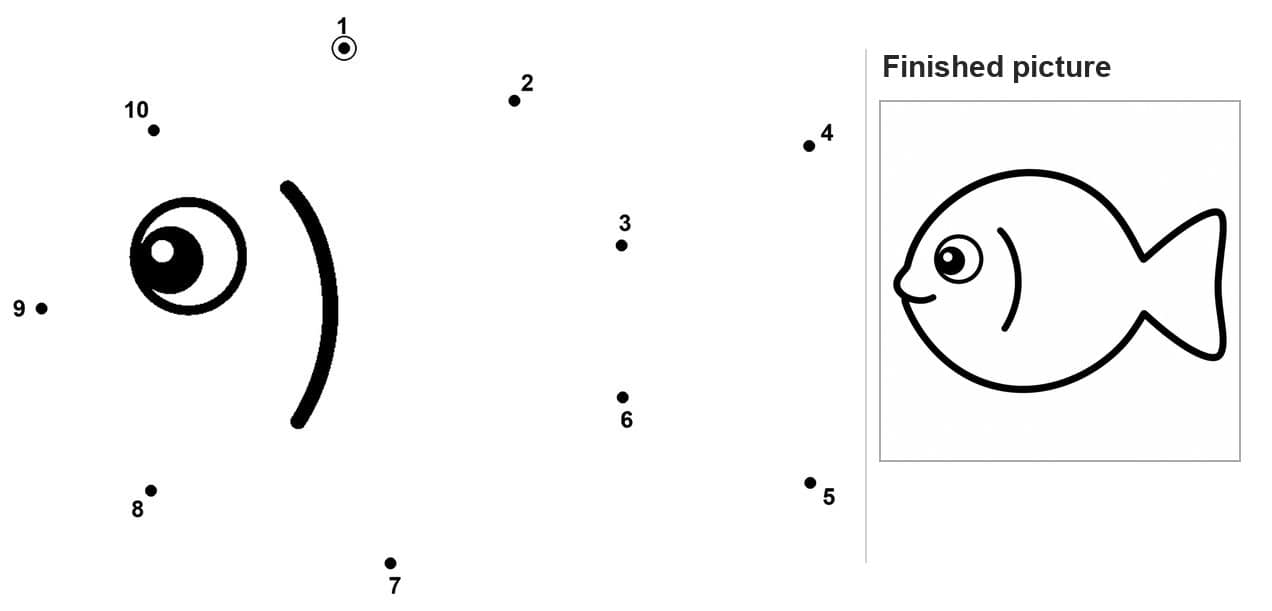 Dot to dot fish outline with large eye and curved gill line drawn in
