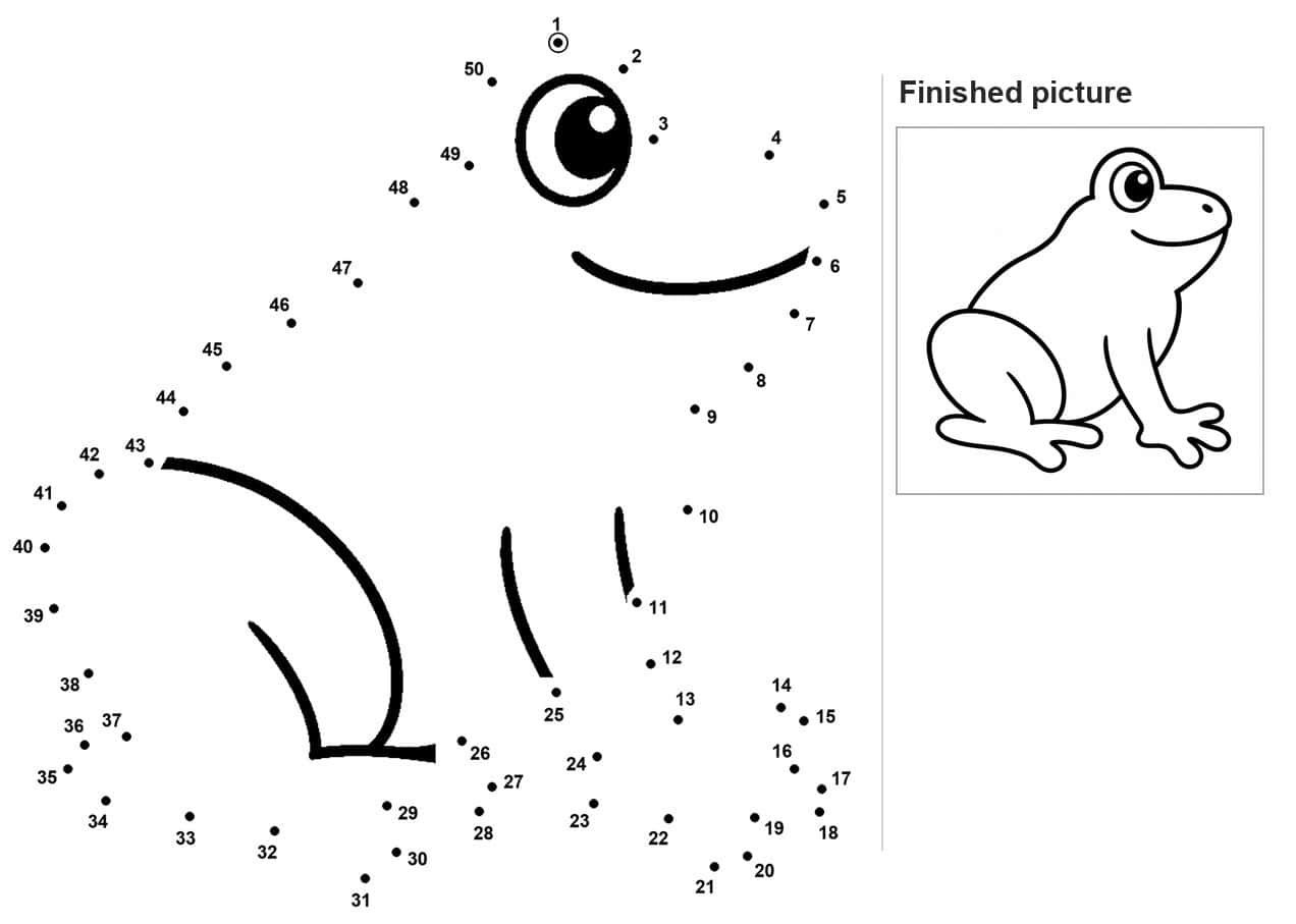 Dot to dot frog with big eye, wide smile, and one bent leg with toes