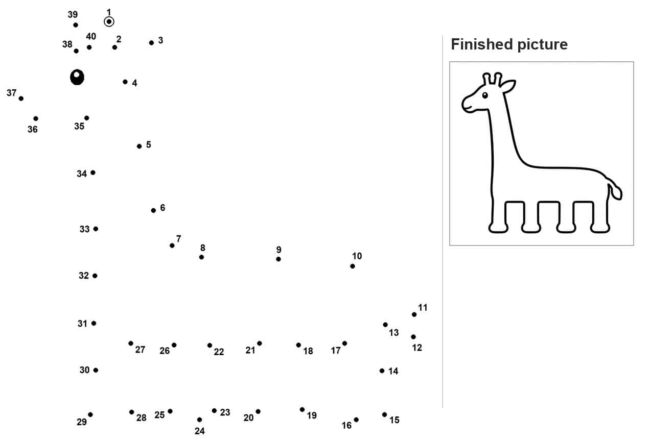 Dot to dot giraffe with long neck and small drawn eye
