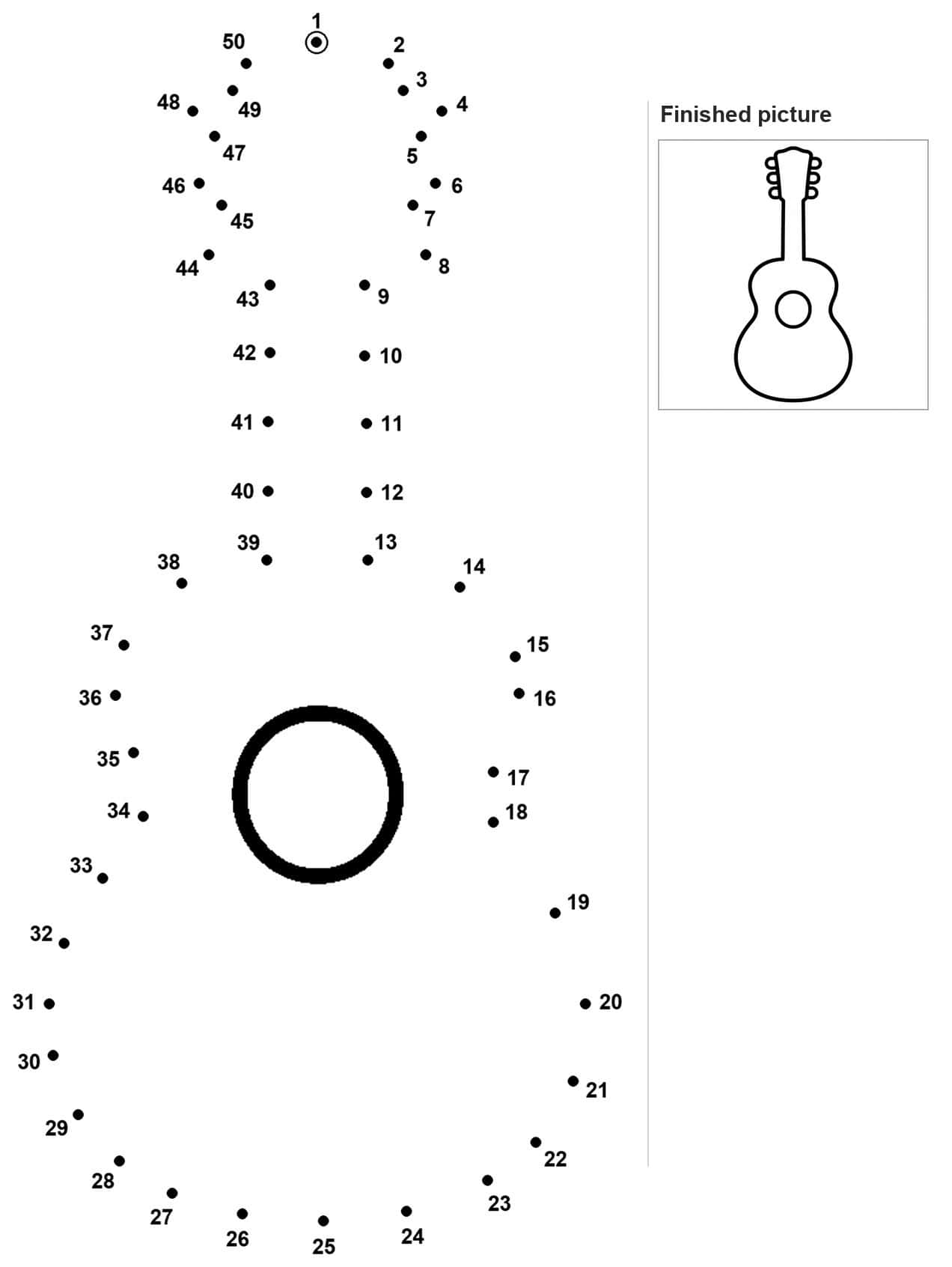 Dot to dot outline of an acoustic guitar with sound hole and curved body