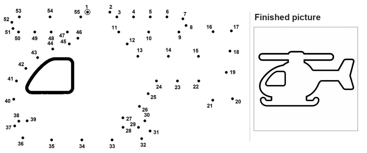 Dot to dot worksheet of a helicopter with cockpit window outline and rotor blades