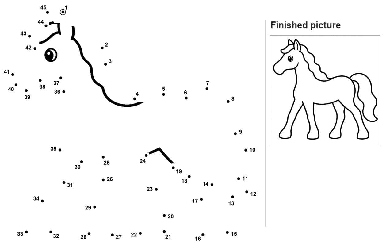 Dot to dot horse with head, eye, mane, back and legs outlined
