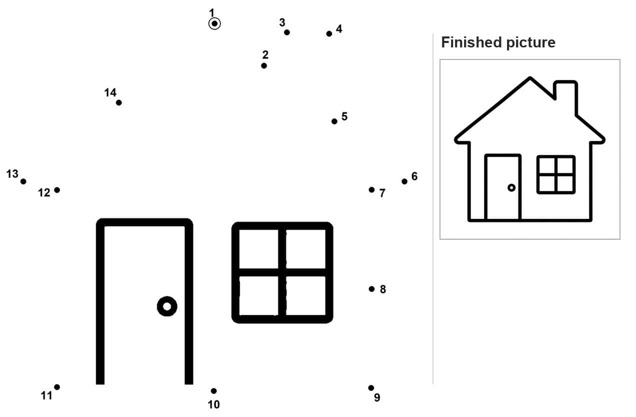 Dot to dot house with front door, round doorknob, and four-pane window