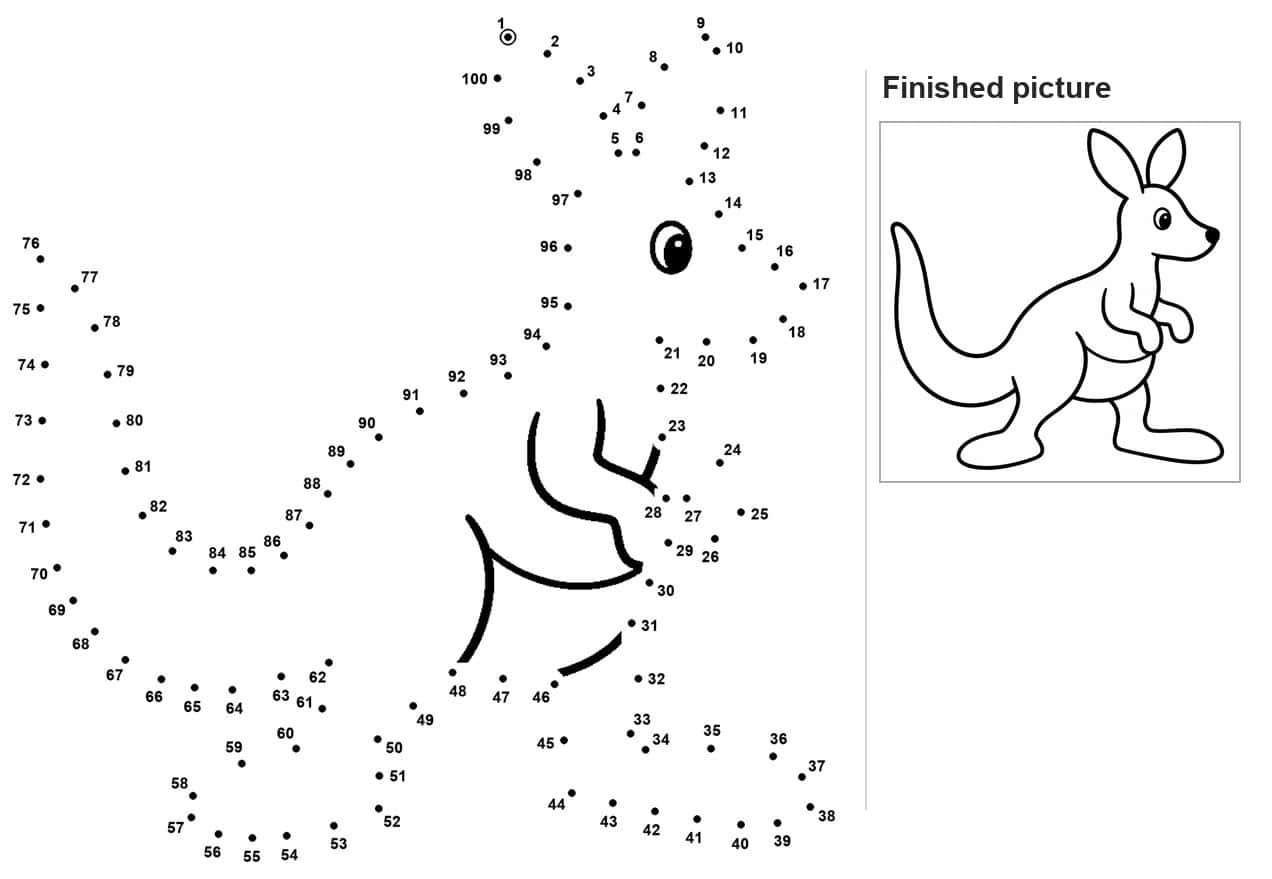 Dot to dot outline of a kangaroo with ears, eye, snout and tail