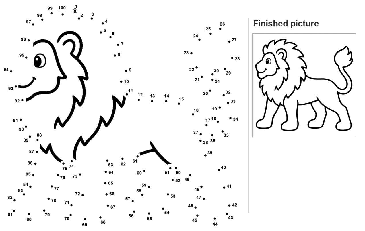 Dot to dot lion head, mane, paw and curling tufted tail