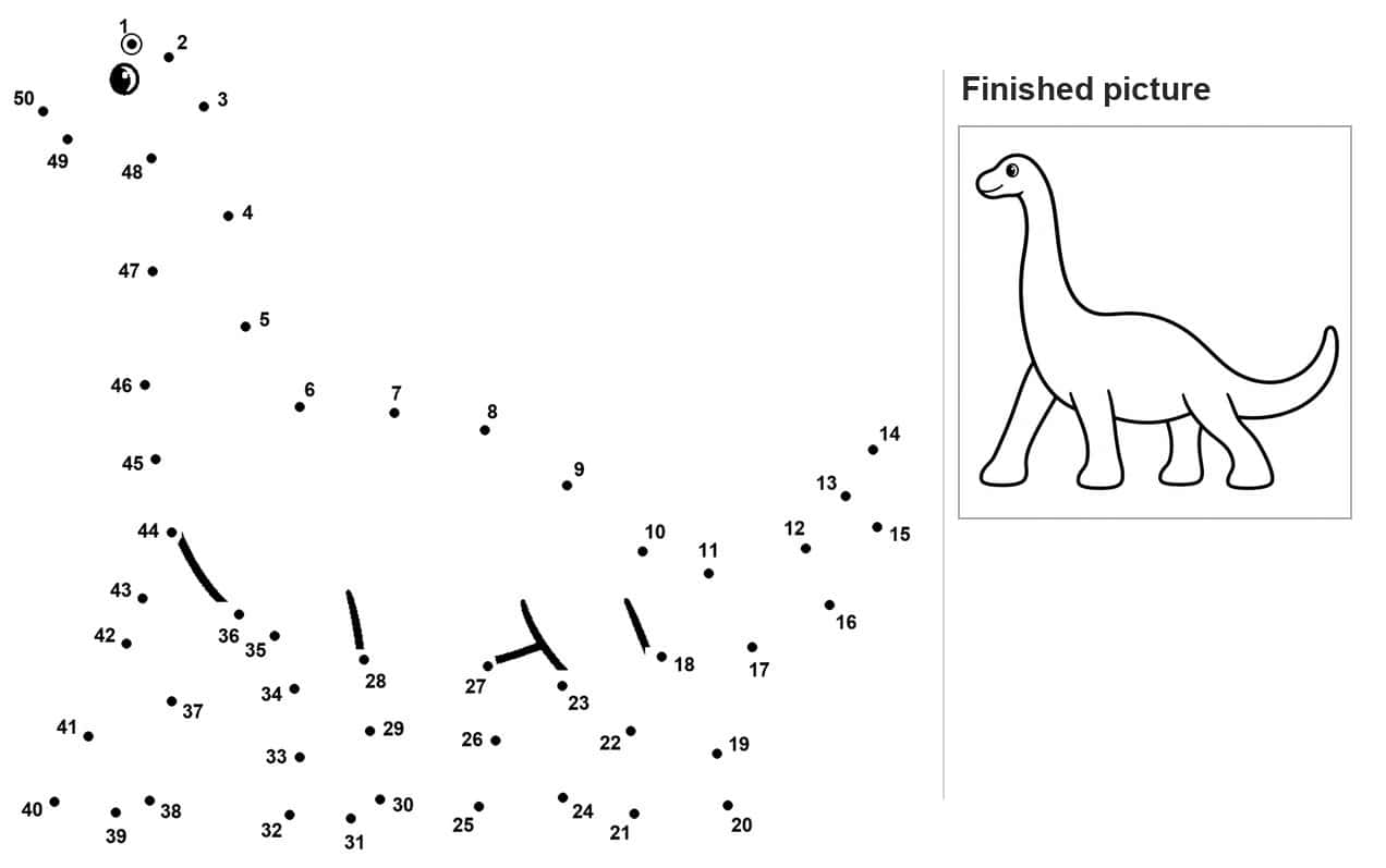 Dot to dot outline of a long-necked sauropod dinosaur with numbered dots