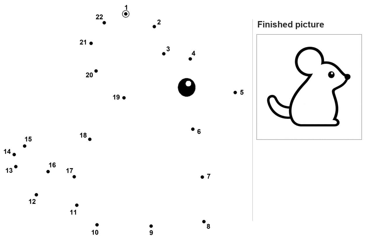 Dot to dot mouse outline with one large filled eye and numbered dots