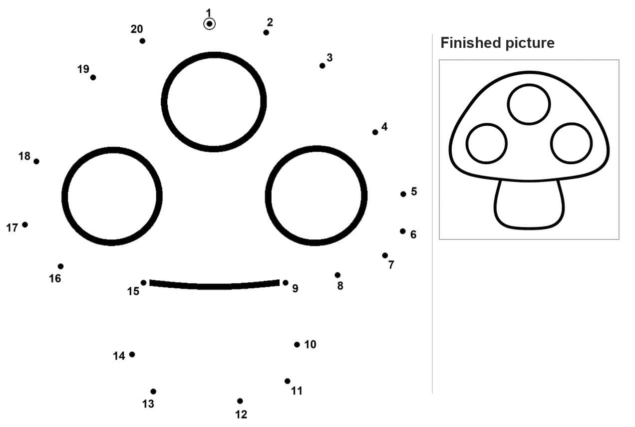 Dot to dot mushroom cap outline with three circular spots and curved bottom edge