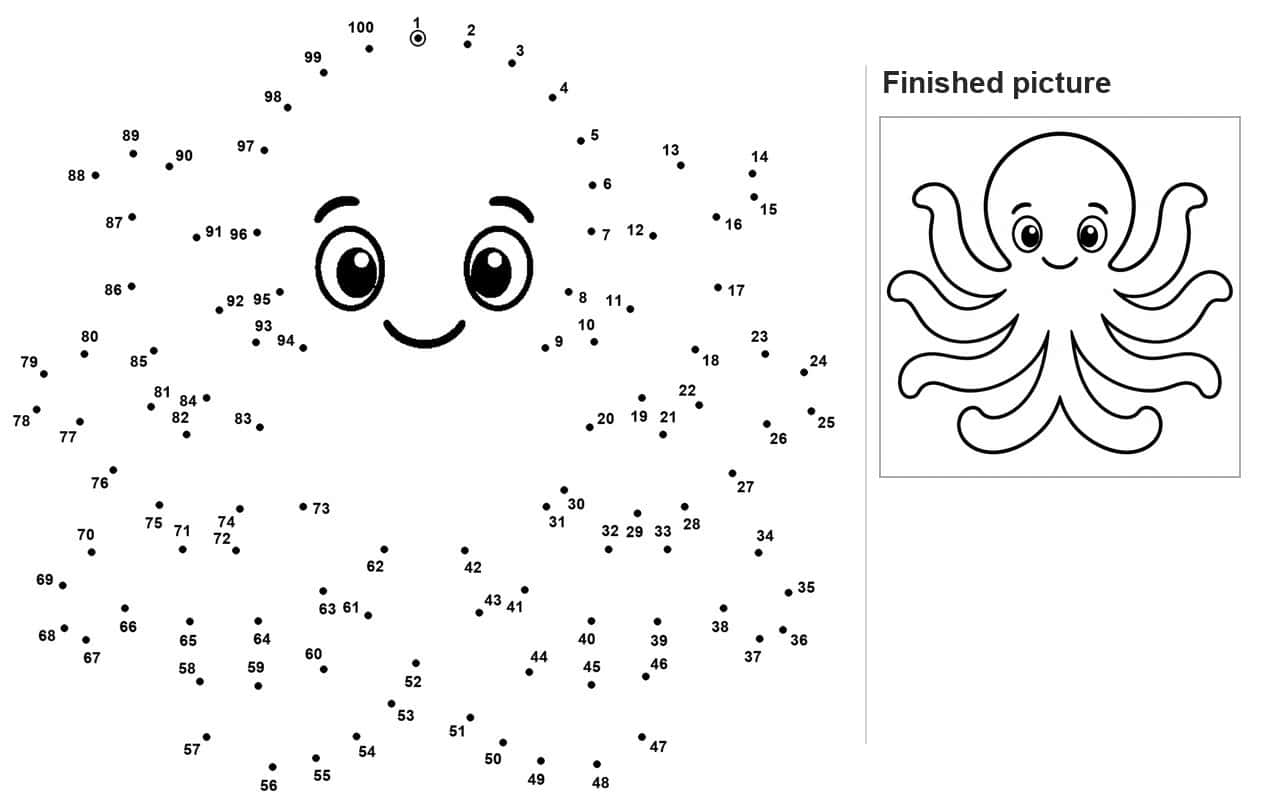 Dot to dot octopus with round eyes, curved smile and looping tentacle outline