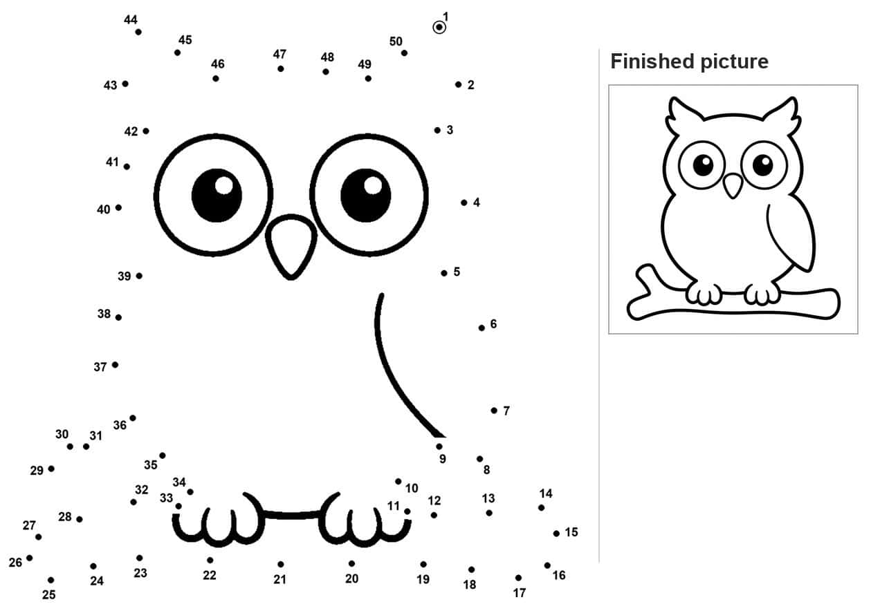 Dot to dot owl face with big eyes, beak, and scalloped feather edges