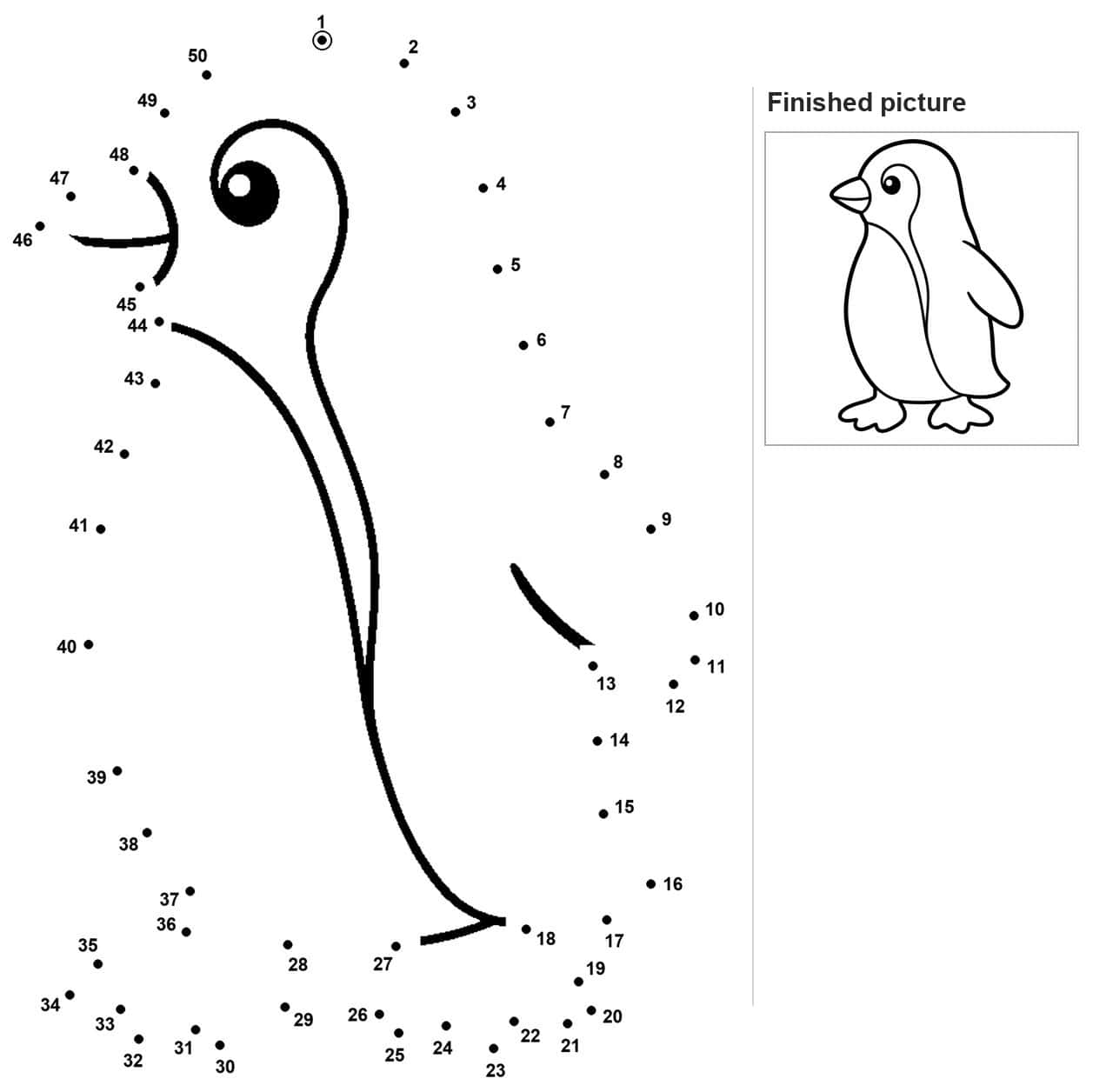 Dot to dot penguin standing in profile with filled eye and curved beak