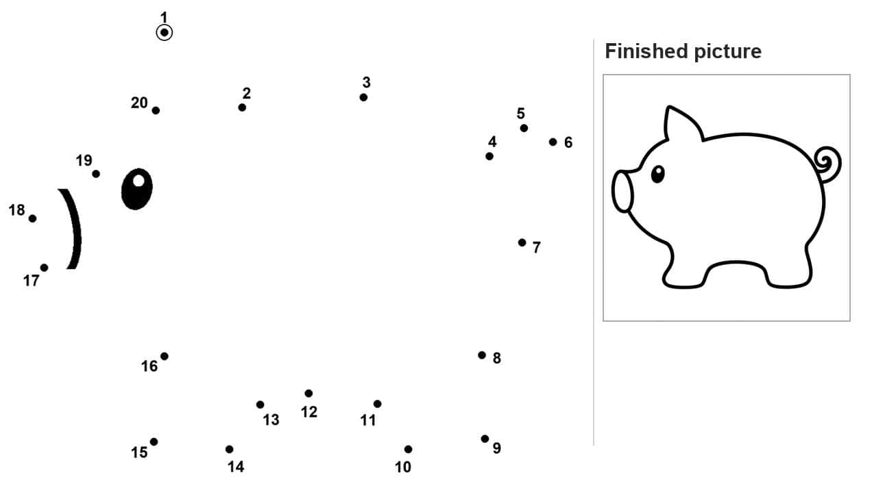 Dot to dot pig outline with drawn eye and ear, numbered dots forming the body