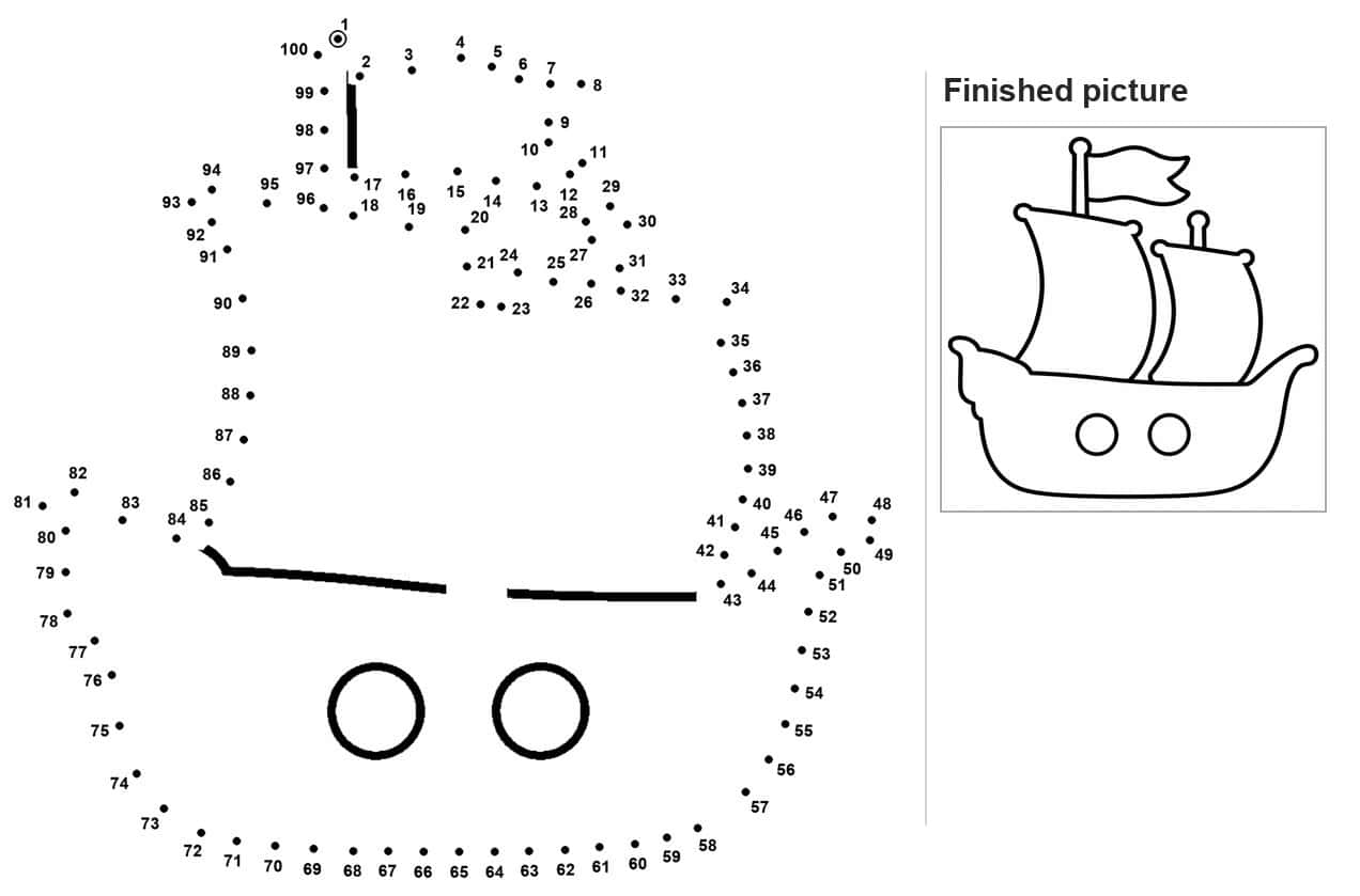 Dot to dot pirate ship outline with two circular portholes and rigging lines