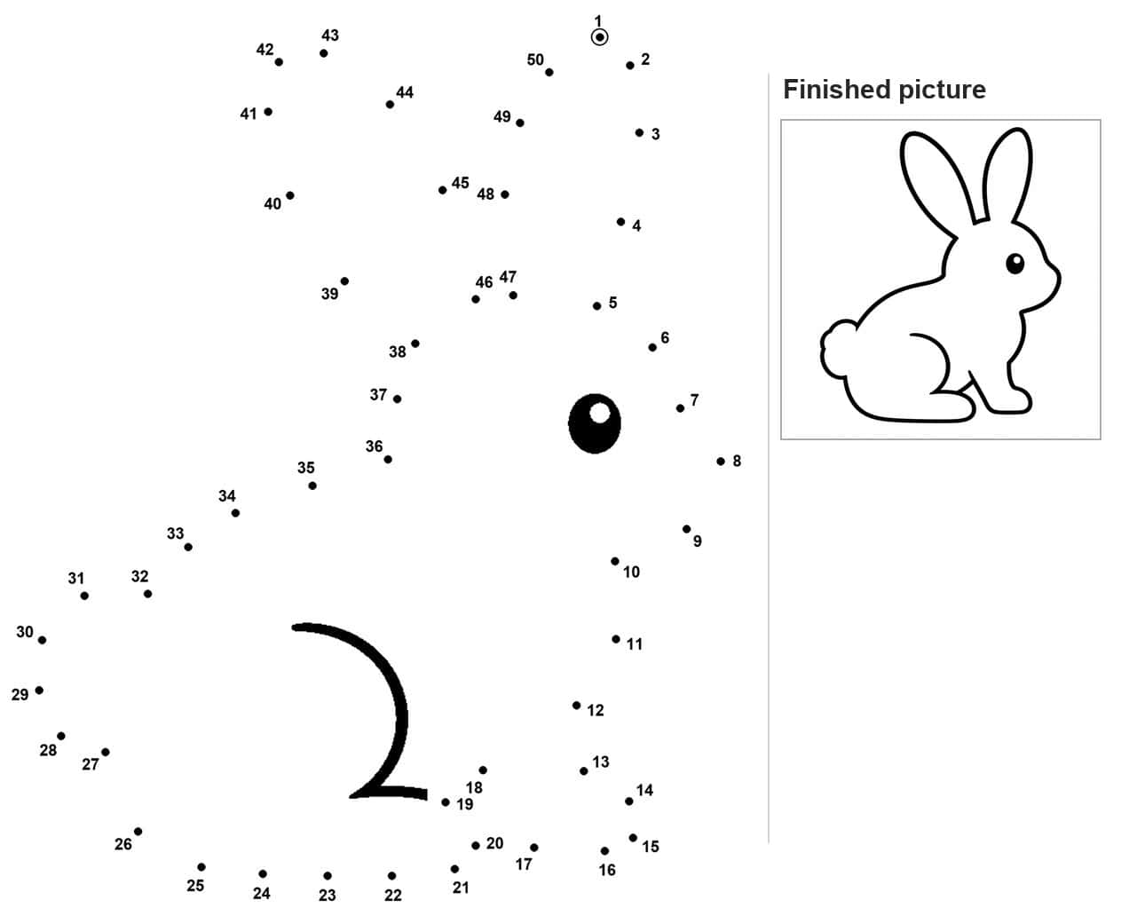 Dot to dot rabbit outline with one long curled ear and round eye