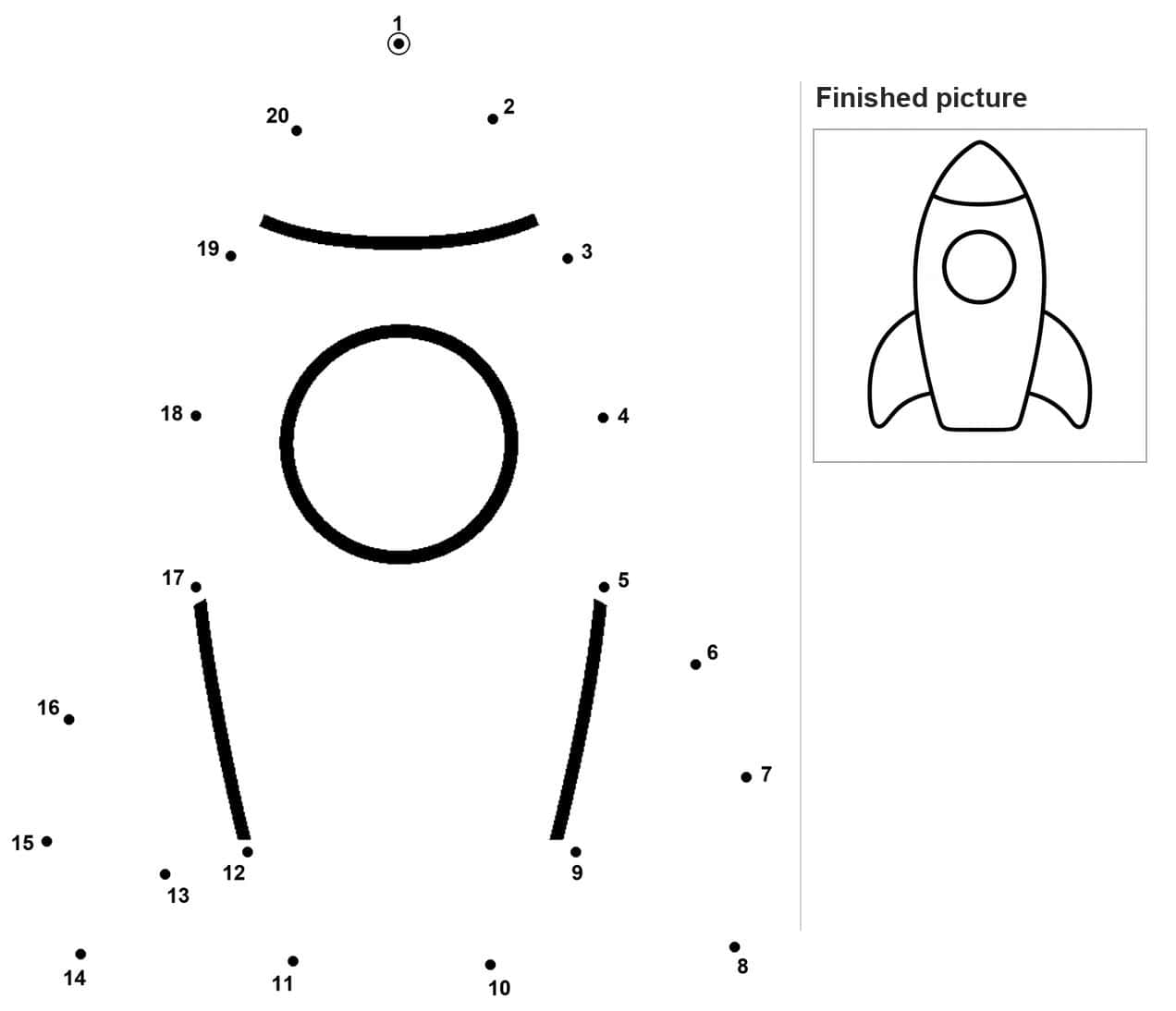 Dot to dot rocket with nose cone, round window and two fins