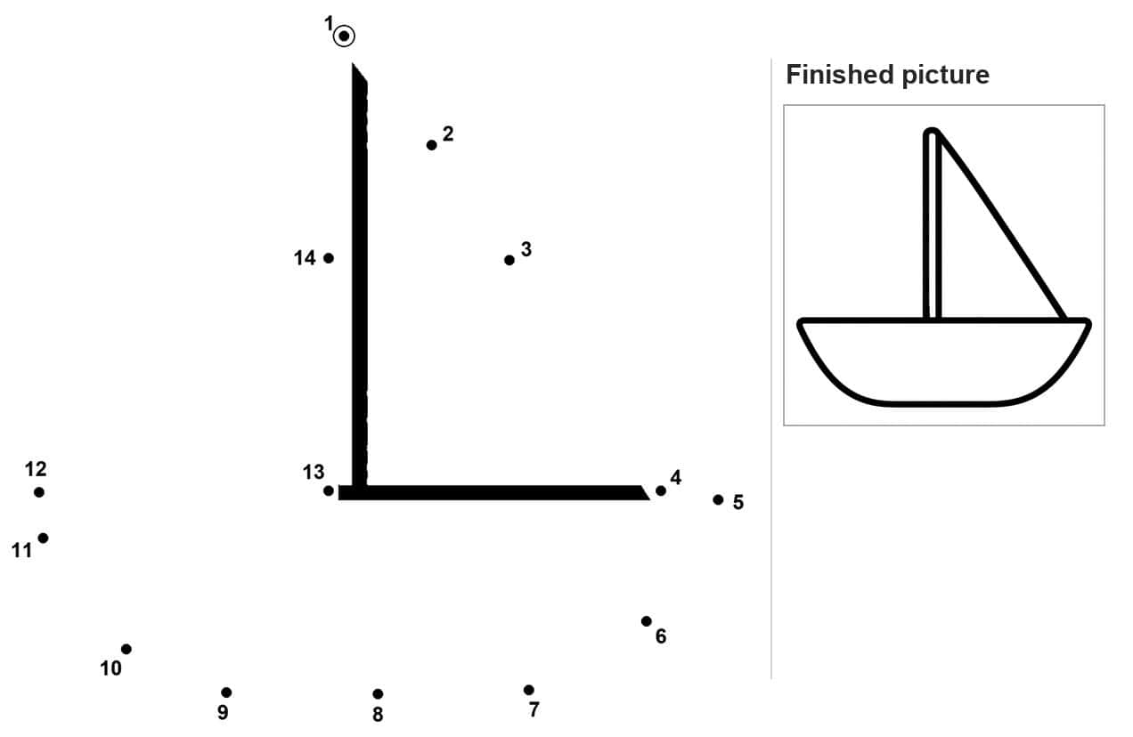 Dot to dot sailboat with mast, hull line, and numbered dots