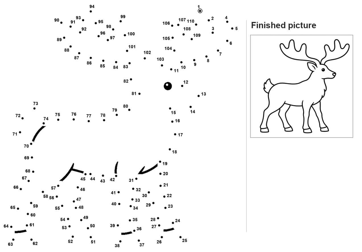 Dot to dot stag with antlers, legs, and inked eye