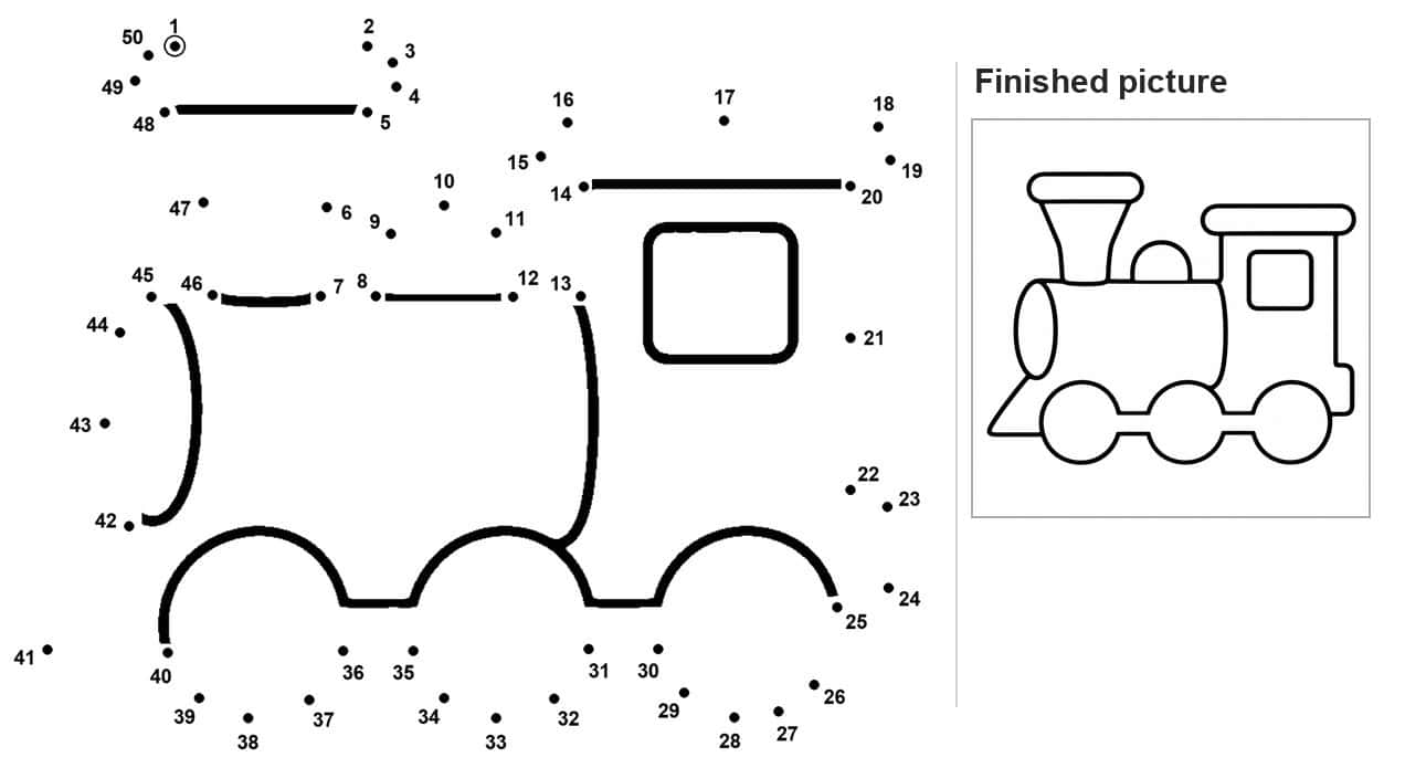 Dot to dot steam locomotive with smokestack, cab window and three wheels