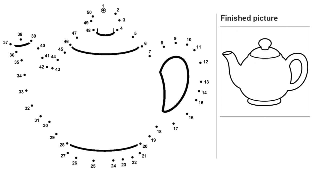 Dot to dot teapot with lid, curved spout and loop handle