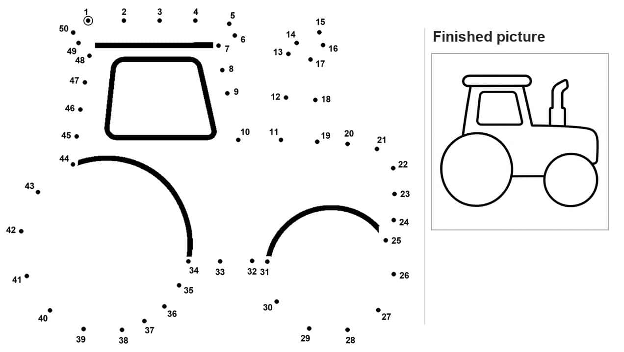 Dot to dot tractor with cab window, exhaust pipe, and two round wheels