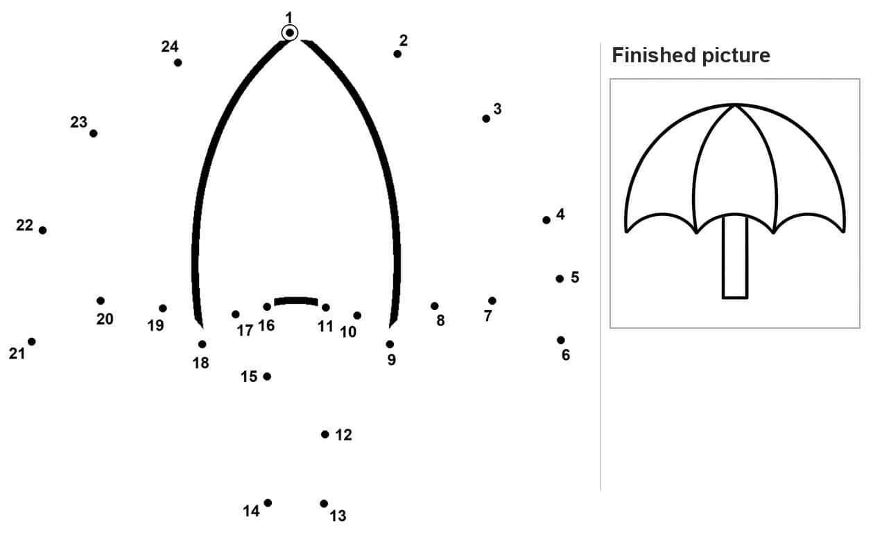 Dot to dot outline of an open umbrella with a curved handle
