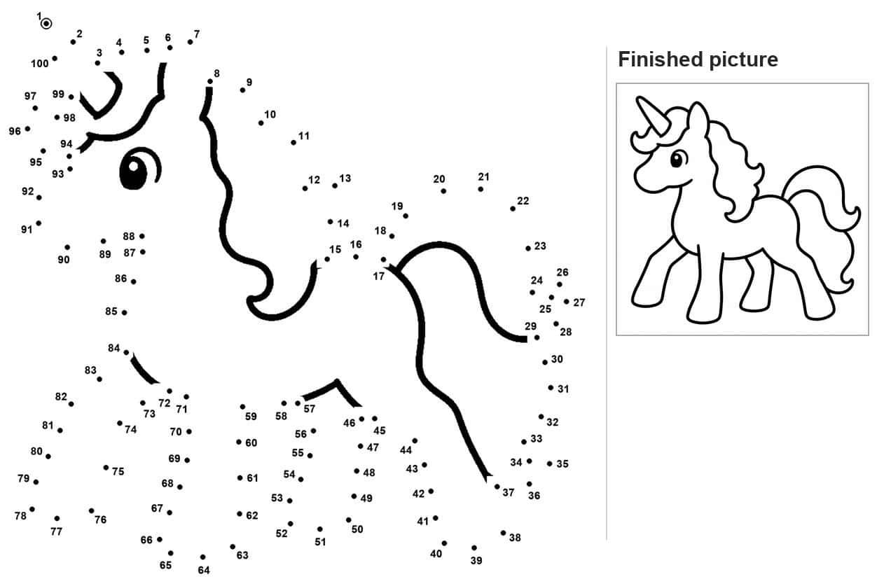 Dot to dot unicorn with spiral horn, inked eye, wavy mane and flowing tail