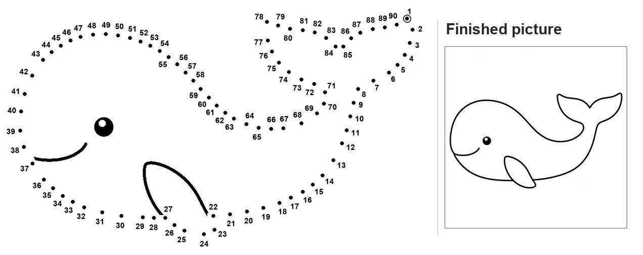 Dot to dot outline of a smiling whale with a spout and flipper