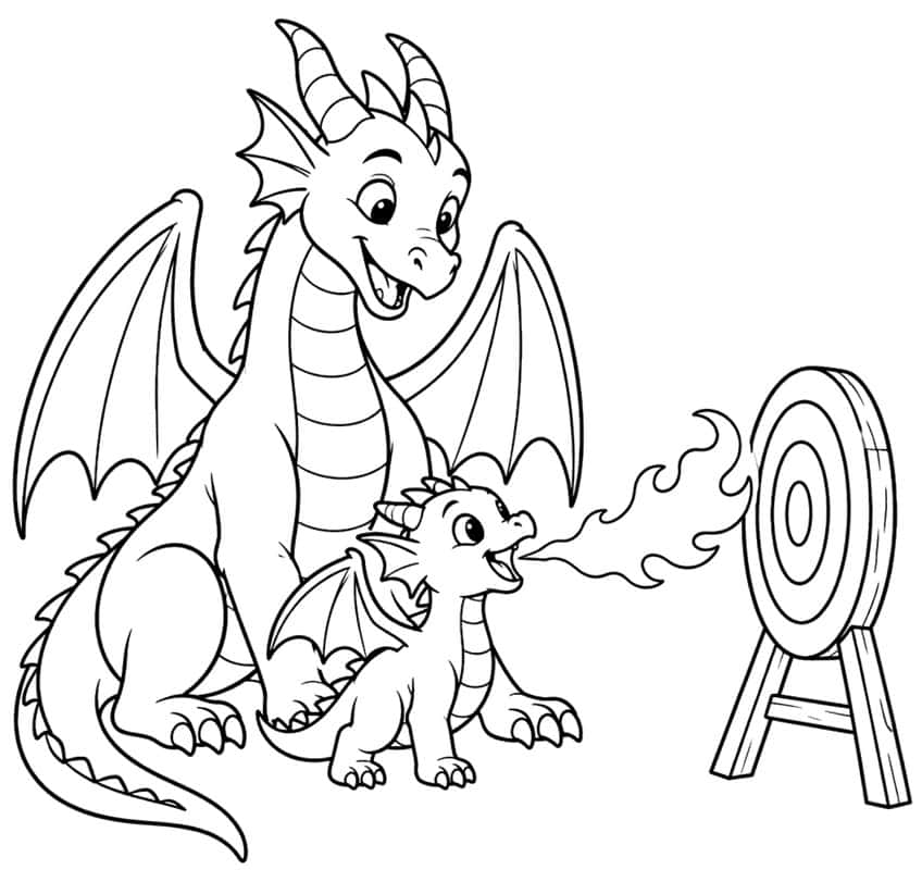 Coloring page with a big dragon and a baby dragon breathing fire at a target