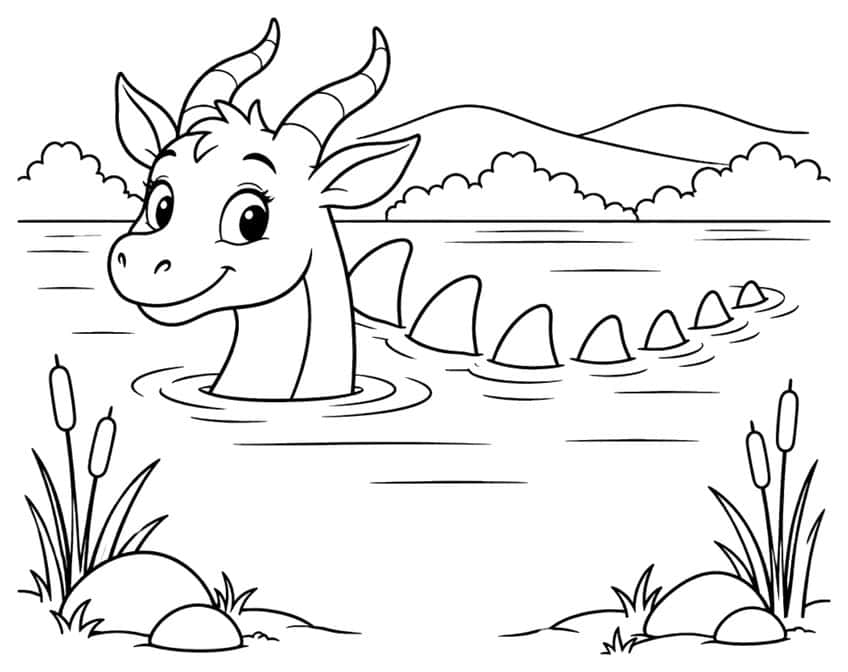 Coloring page with a long-necked dragon in a lake surrounded by cattails and hills
