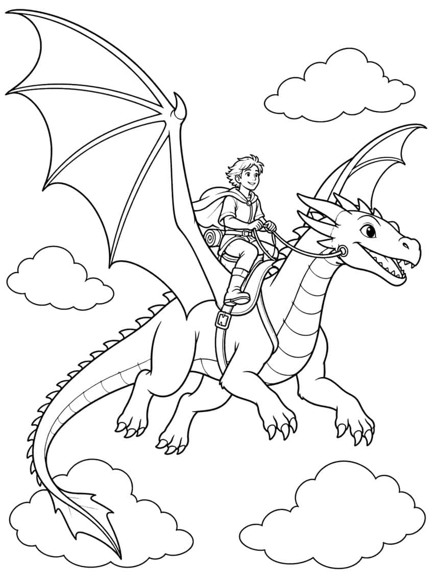 Coloring page: boy riding a winged dragon through clouds
