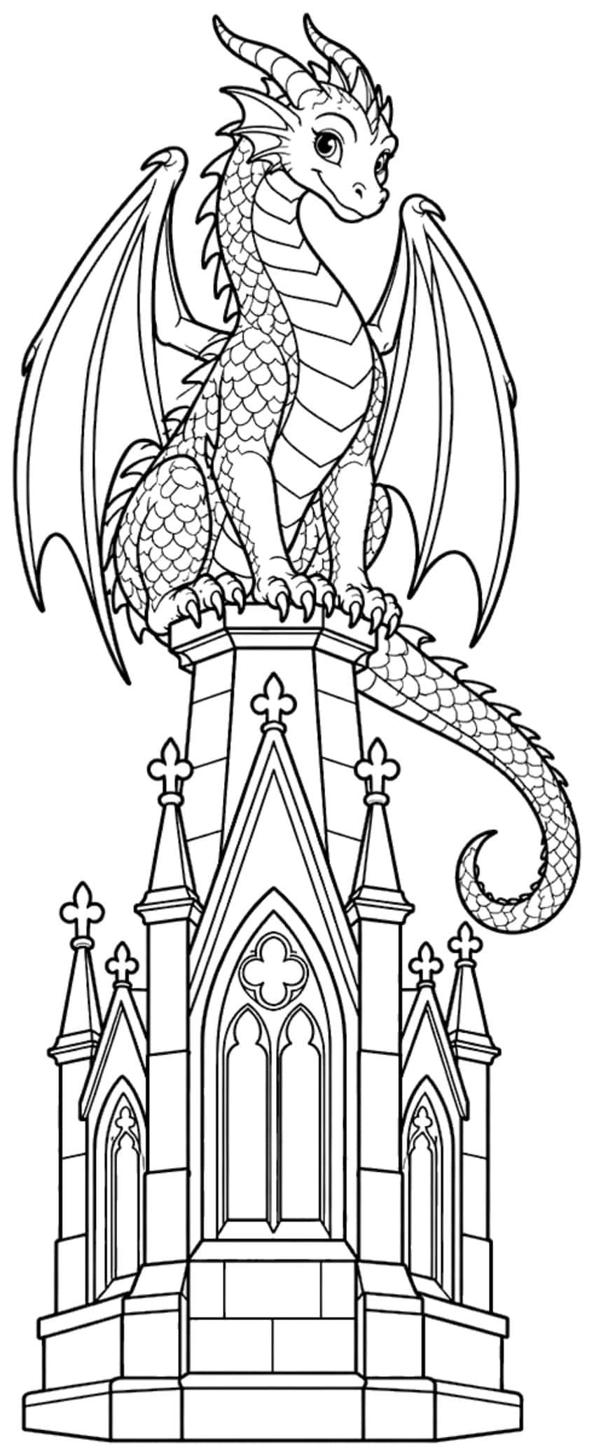 Coloring page of a winged dragon sitting on a Gothic stone spire