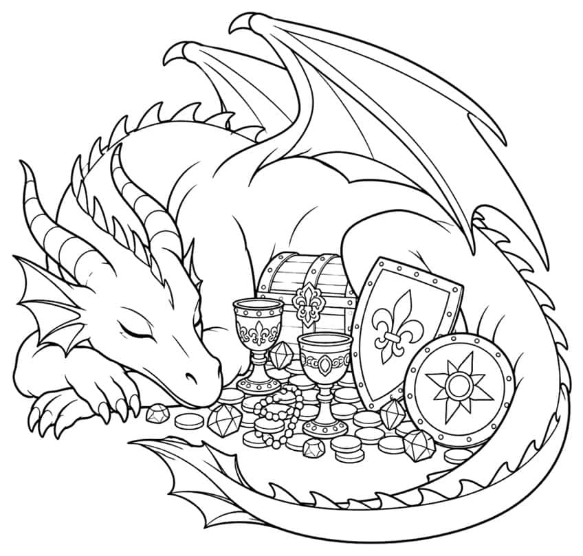 Coloring page of a sleeping dragon curled around a treasure hoard